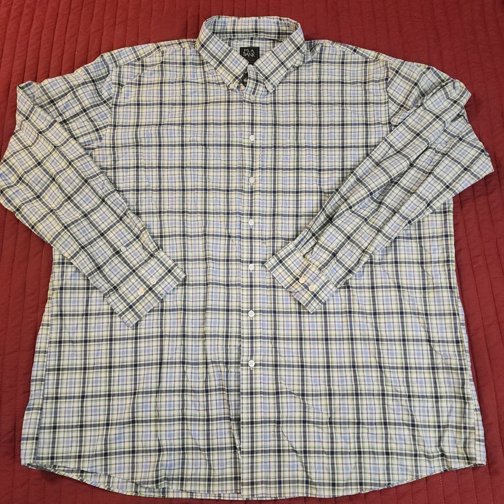 Jos A Bank Traveler Mens 3XLT Tailored Fit Plaid Button Down Shirt Blue Green